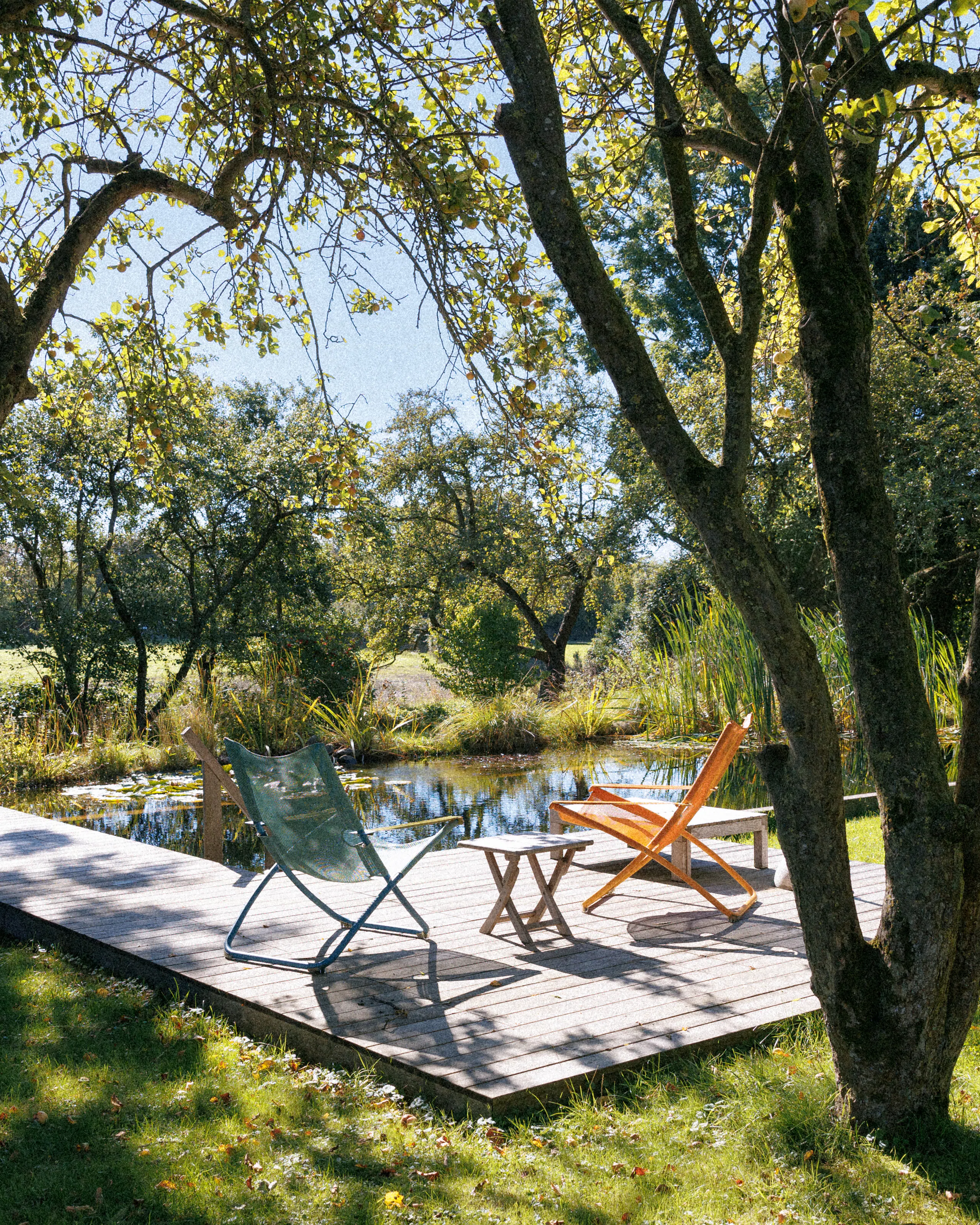Lounge chairs on the deck beside the swimming pond