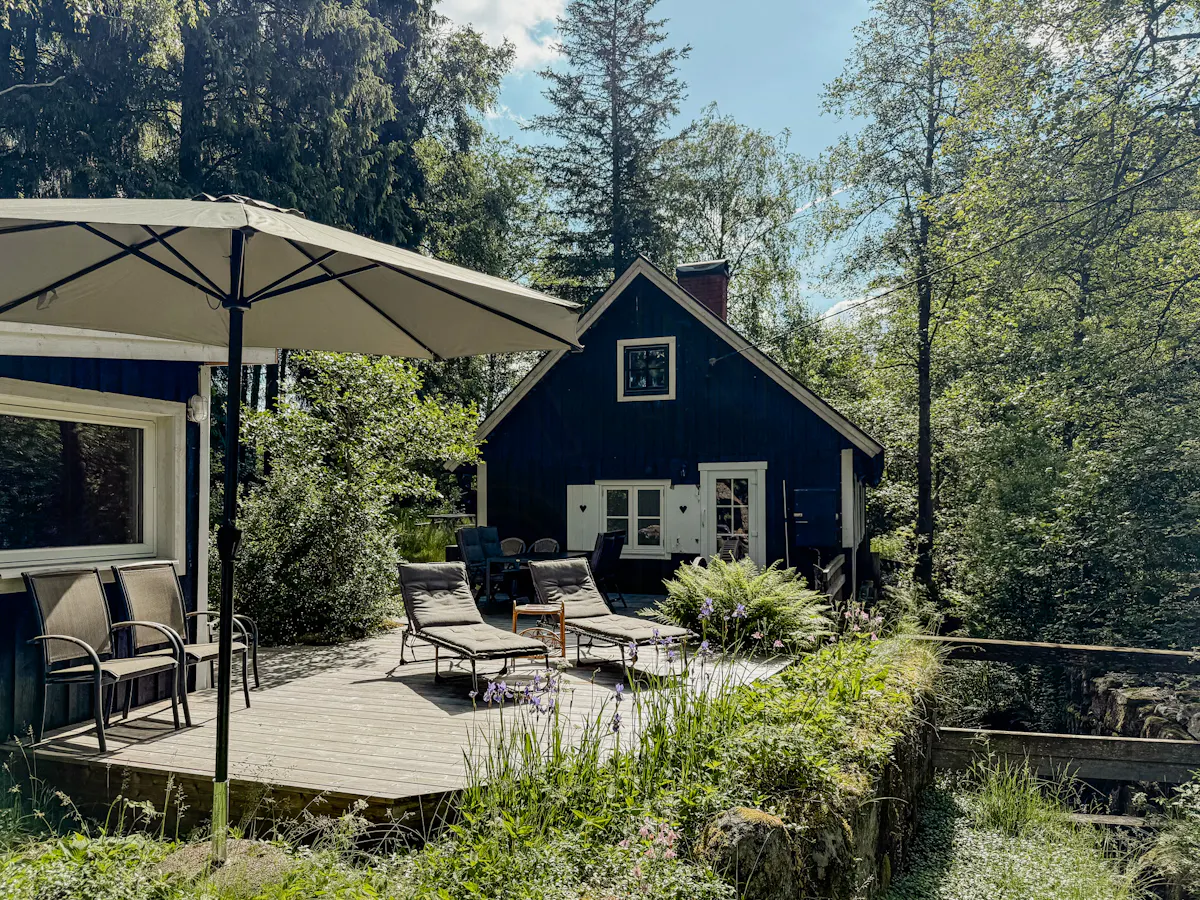 En gammal vattenkvarn vid en bäck och en vacker skog