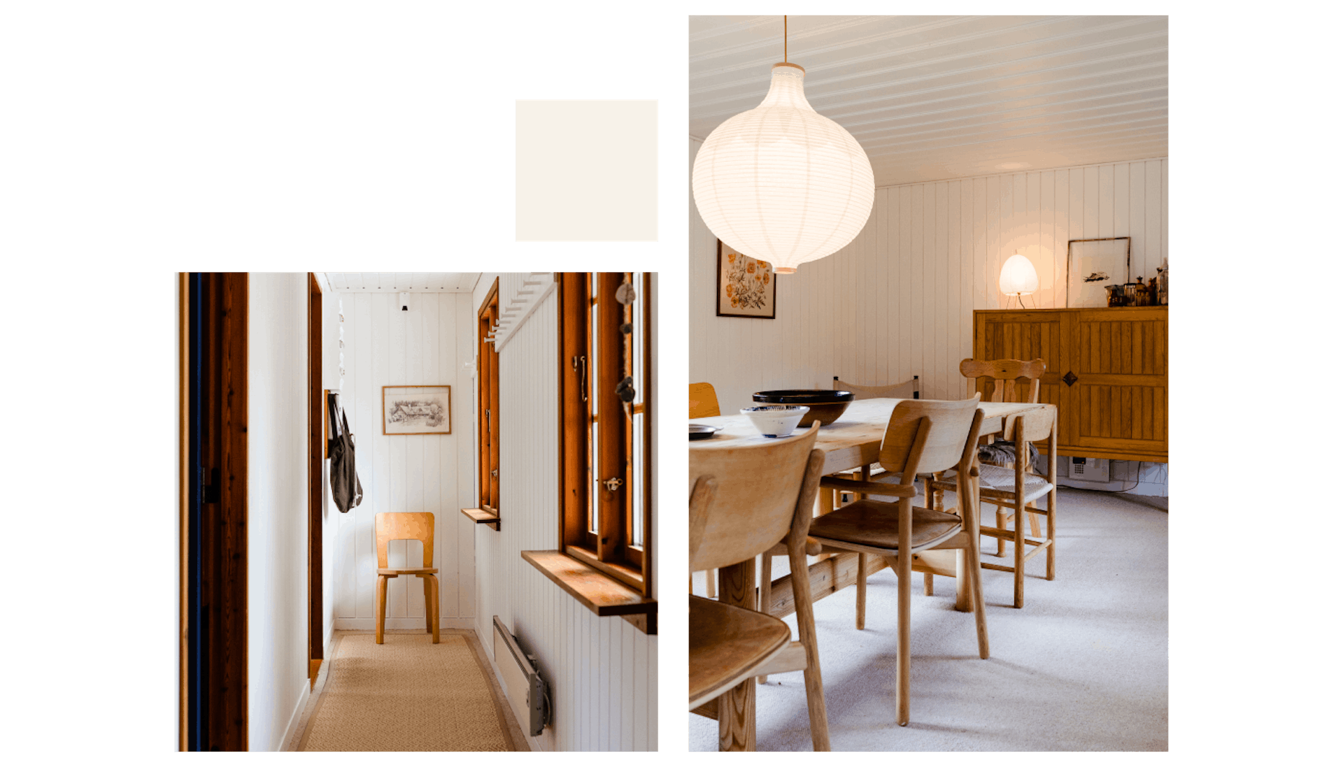 Indretningen i sommerhuset Lille Svinkløv er holdt i lyse vægfarver og møbler i træ.